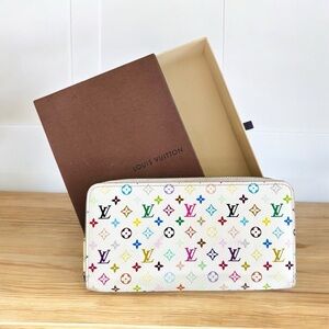 Authentic Louis Vuitton White & Pink Multicolor Leather Zippy Long Wallet & Box